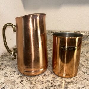 Vintage Mid-Century Modern Copper Water Pitcher Brass Handle Cooks Bazaar MCM E1